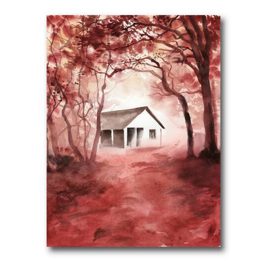 Designart - House In Red Autumn Woods - Cabin & Lodge Canvas Wall Art Print